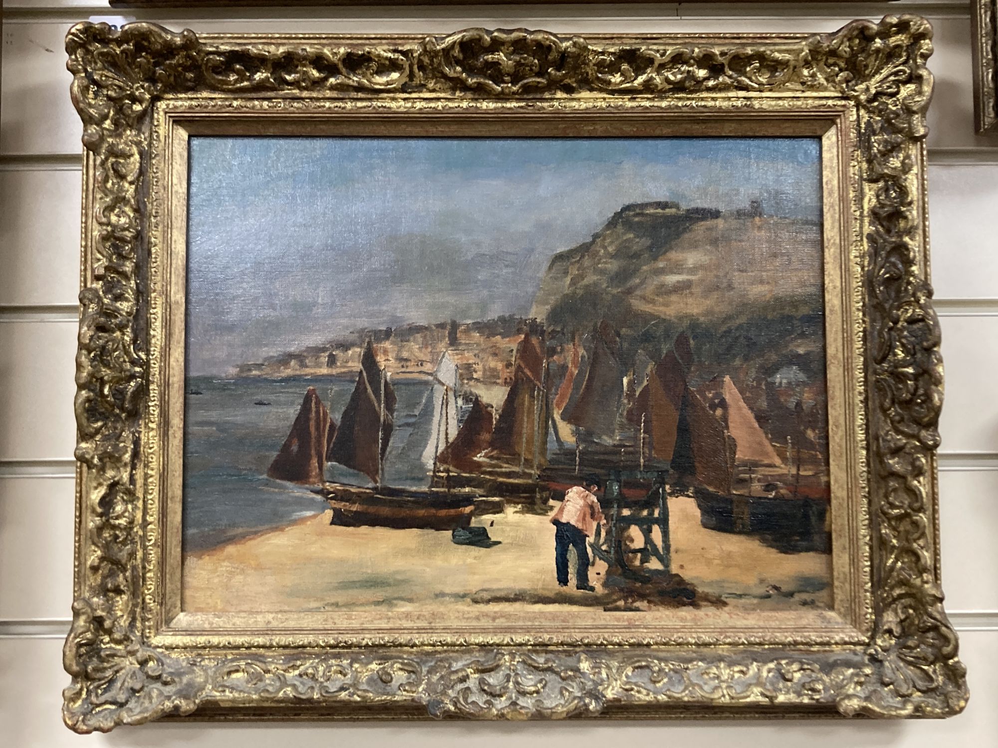 English School c.1890, oil on canvas, Hastings beach, 30 x 40cm